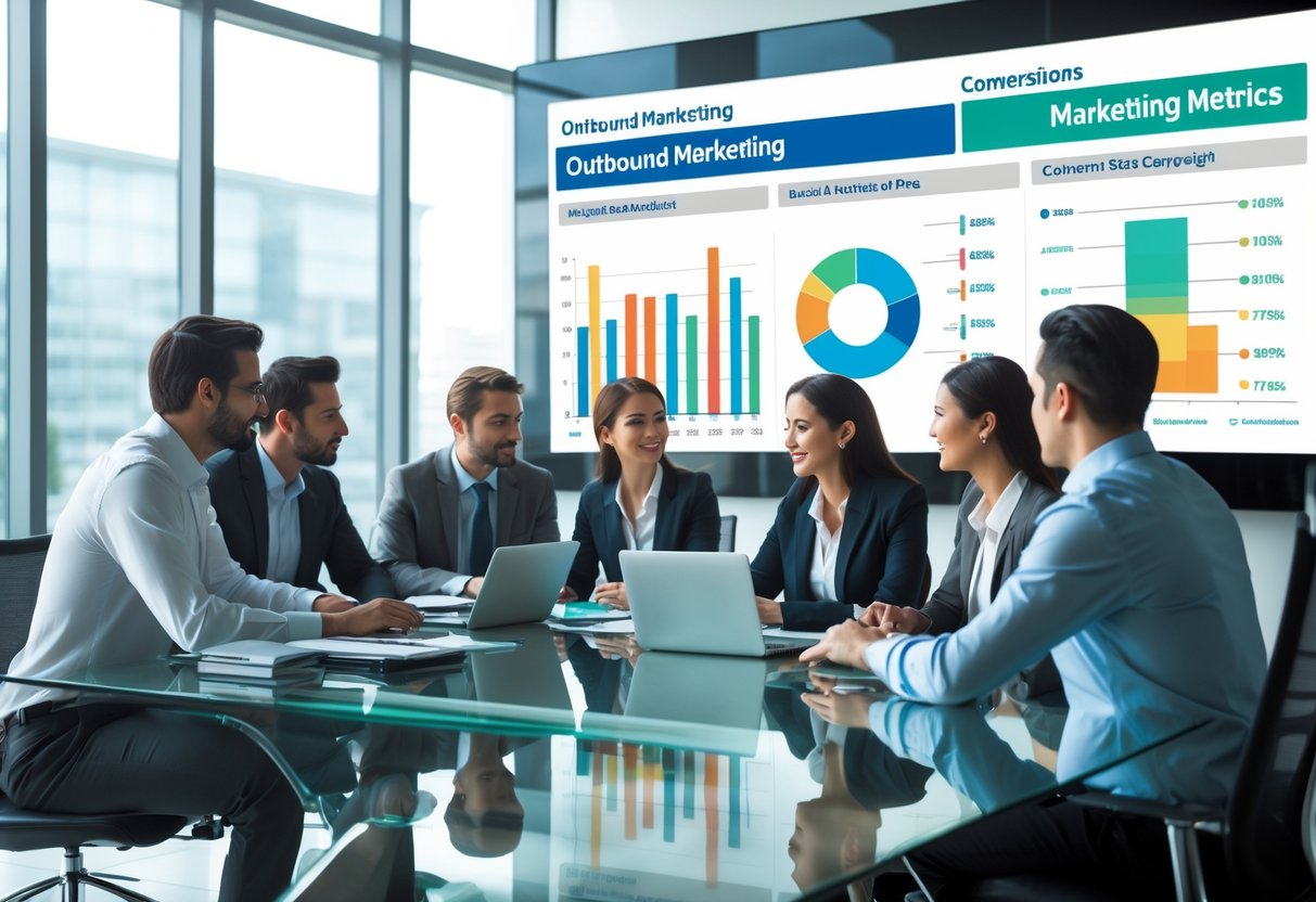 A team of business professionals in a meeting room analyzing marketing data on laptops and a large screen displaying charts and graphs.