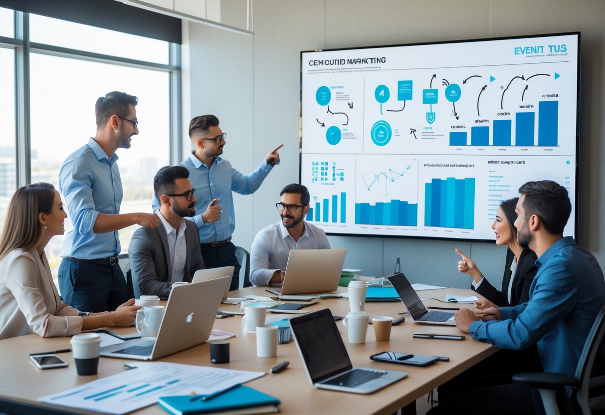 A group of marketing professionals collaborating around a table with laptops and charts, discussing outbound marketing strategies with a digital screen showing flowcharts in the background.