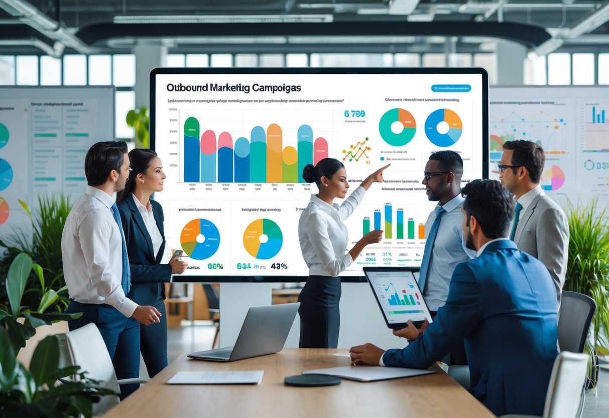A group of business professionals collaborating around a digital display showing charts and graphs in a bright office.