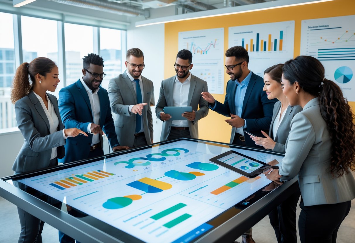 A group of business professionals collaborating around a digital table displaying charts and graphs related to sales and marketing metrics in a bright conference room.