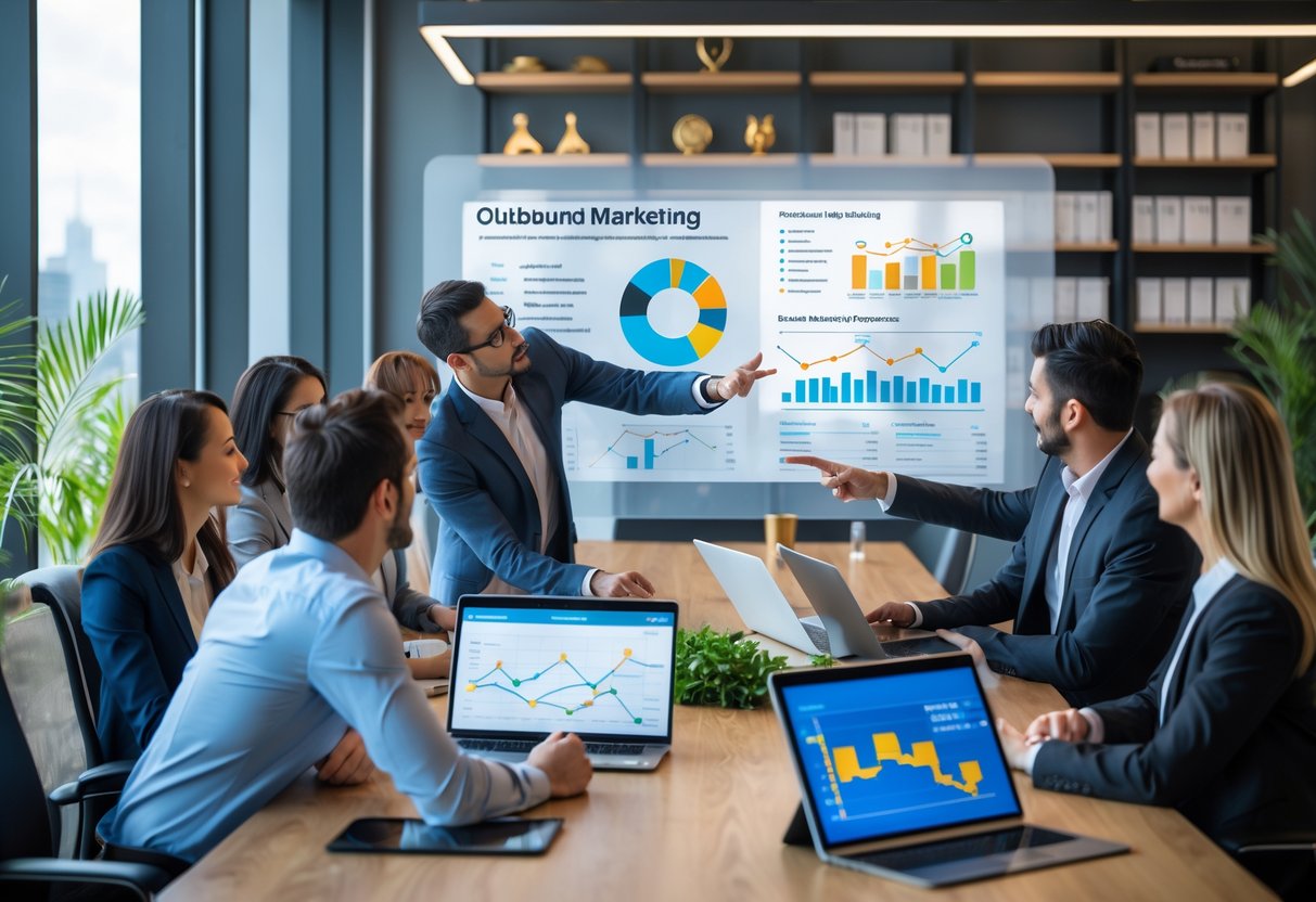 A diverse team of business professionals collaborating around a conference table with laptops and charts in a bright office.