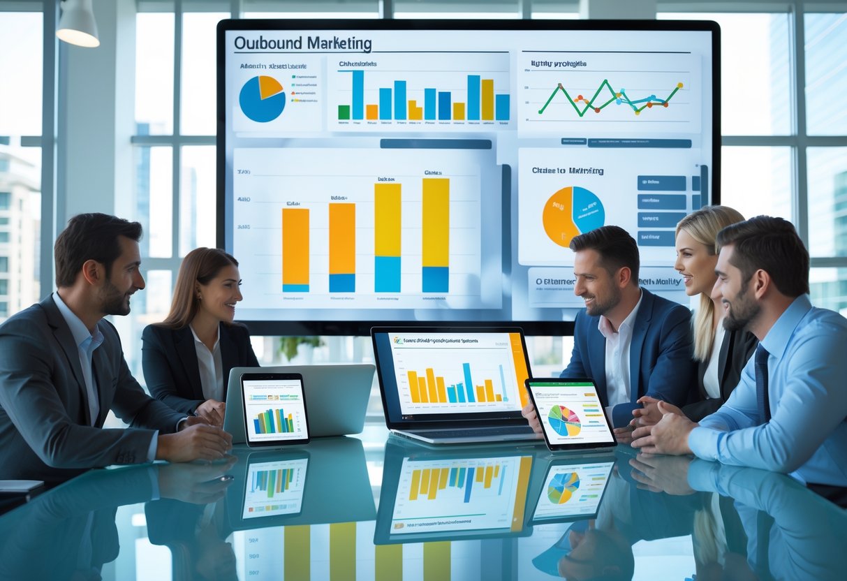 Business professionals collaborating around a table with digital devices displaying marketing charts and graphs in a modern office.