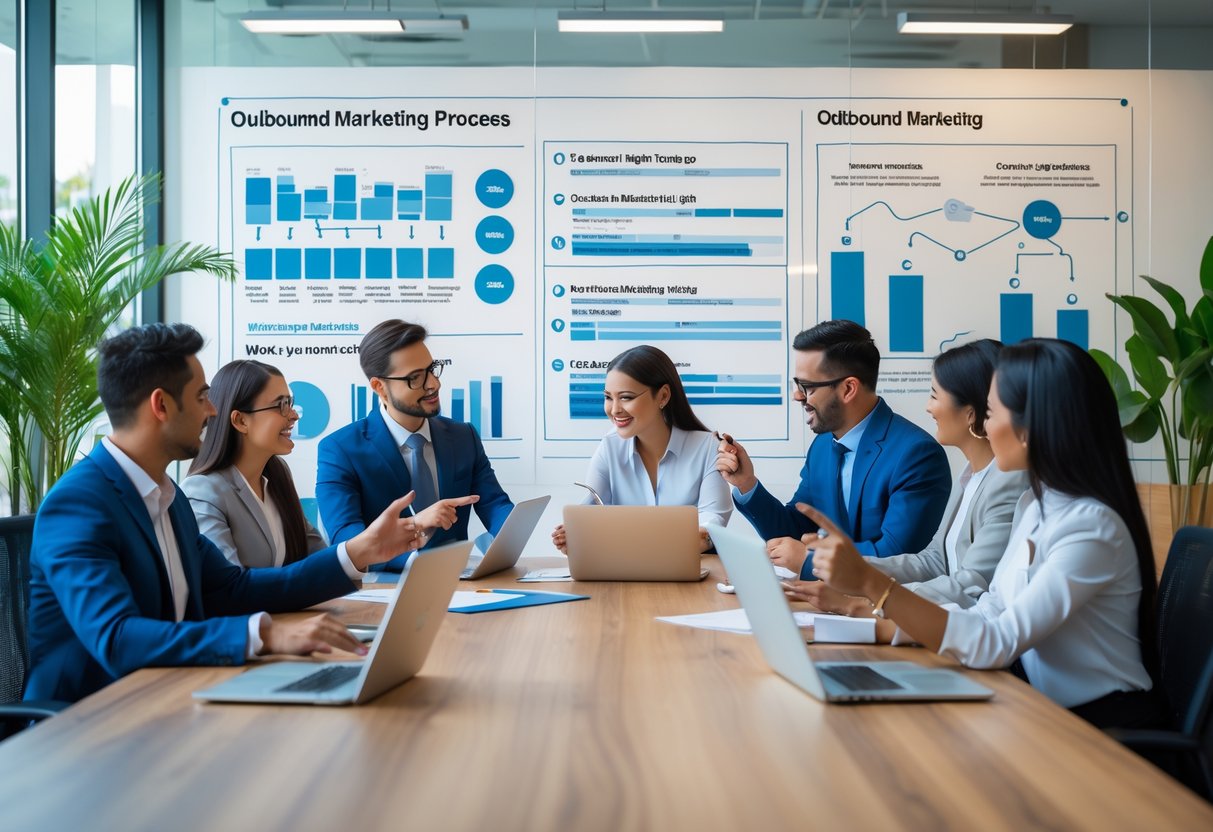 A group of business professionals collaborating around a conference table with laptops and charts, discussing marketing strategies in a modern office.