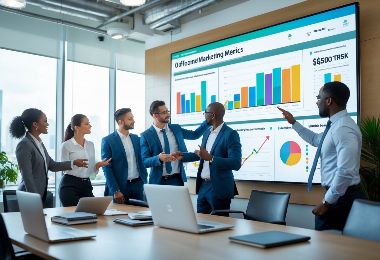 A group of business professionals in a conference room analyzing marketing graphs and charts on a large screen.