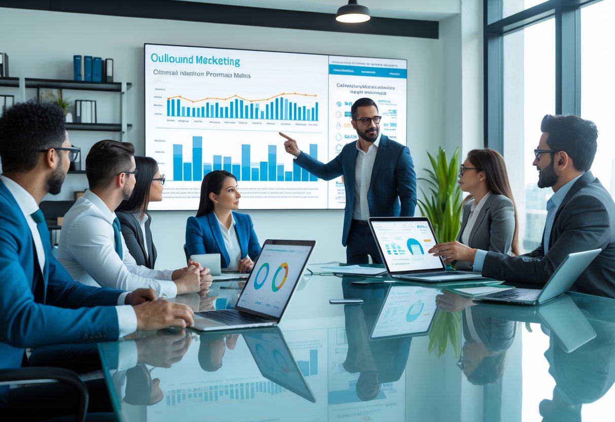 A group of professionals in a bright office collaborating around a table with digital devices displaying charts and graphs, focusing on marketing strategy.