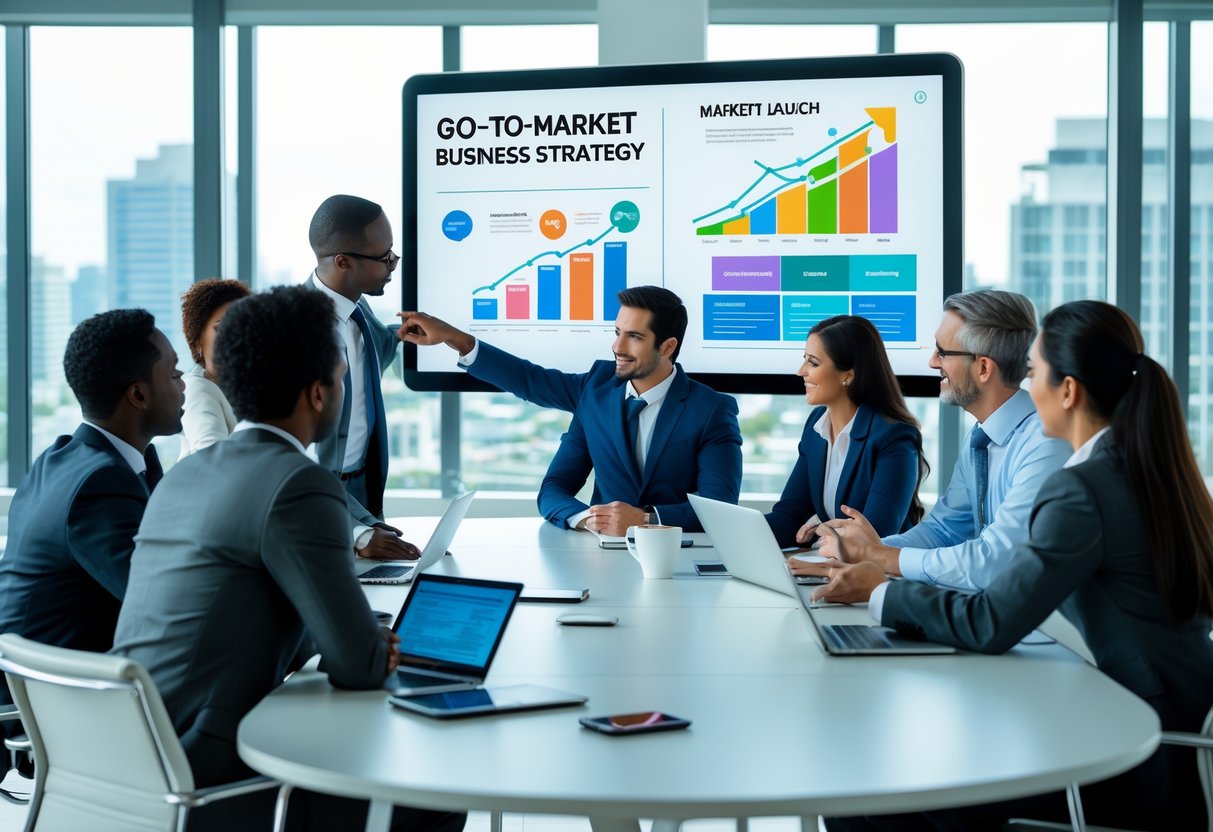 Business professionals in a meeting room discussing charts and plans on a digital screen around a conference table.
