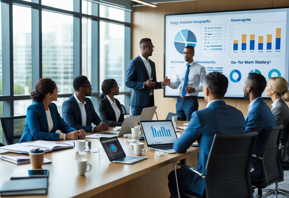 A group of business professionals collaborating around a conference table with charts and a screen showing market research and target audience data.