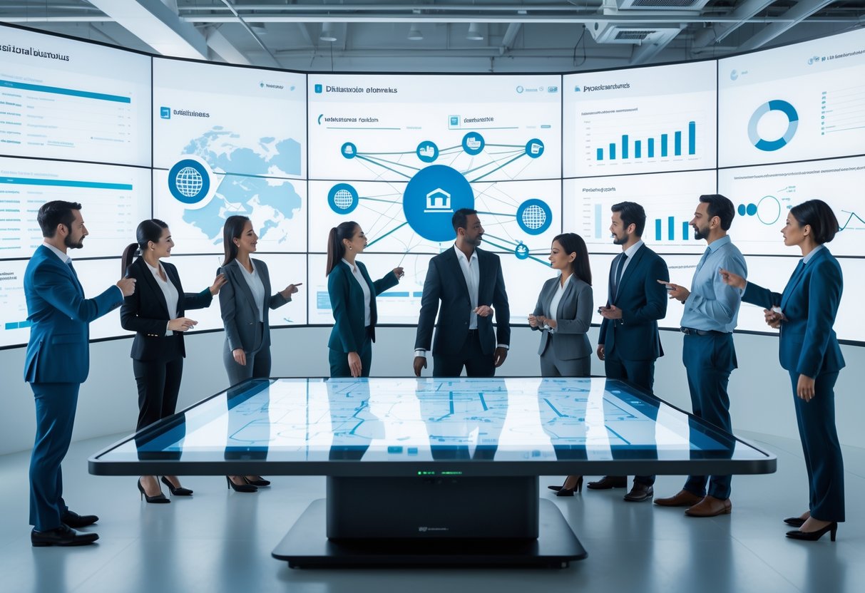 Business professionals collaborating around a digital touchscreen table displaying global networks and charts in a modern office.