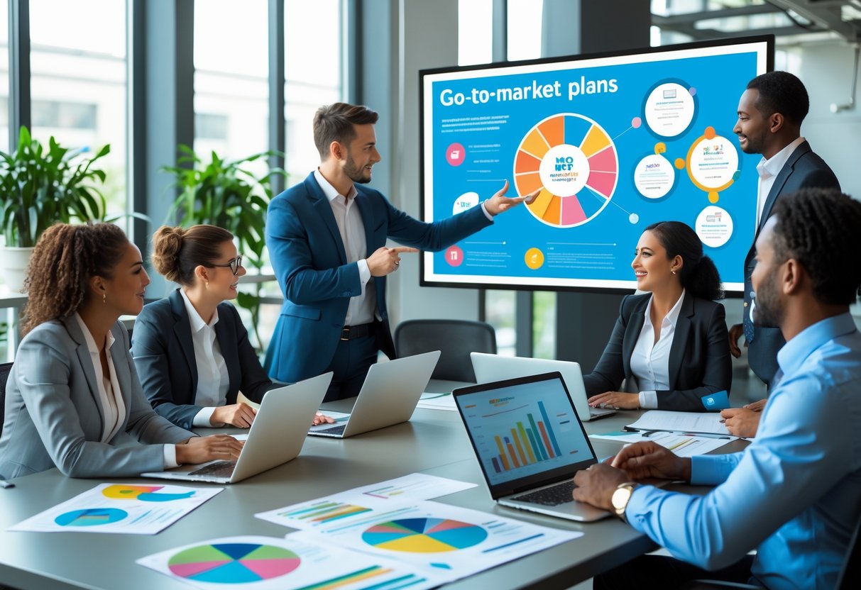 A group of business professionals collaborating around a conference table with laptops and a digital screen showing a market strategy infographic.