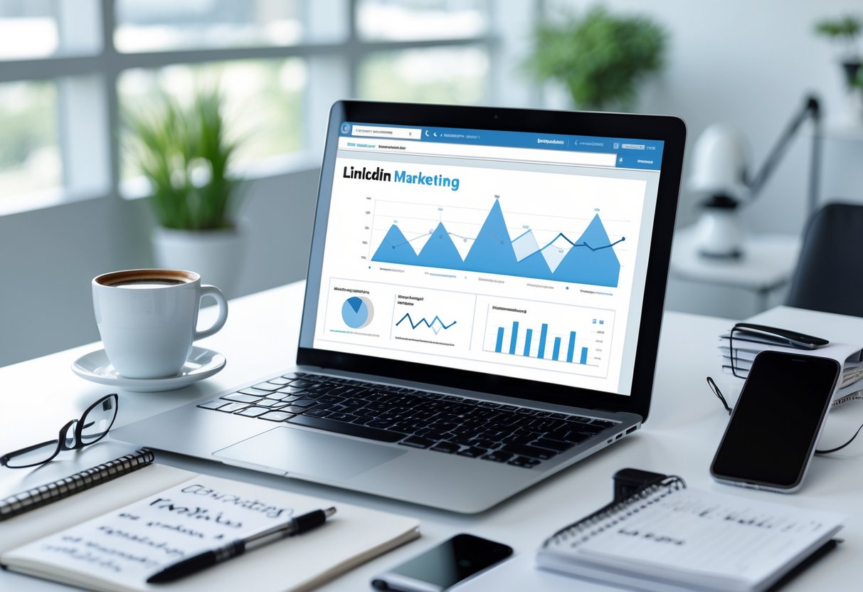 A modern workspace with a laptop showing a LinkedIn profile and marketing charts, surrounded by a smartphone, notebook, coffee cup, and glasses in a bright office.