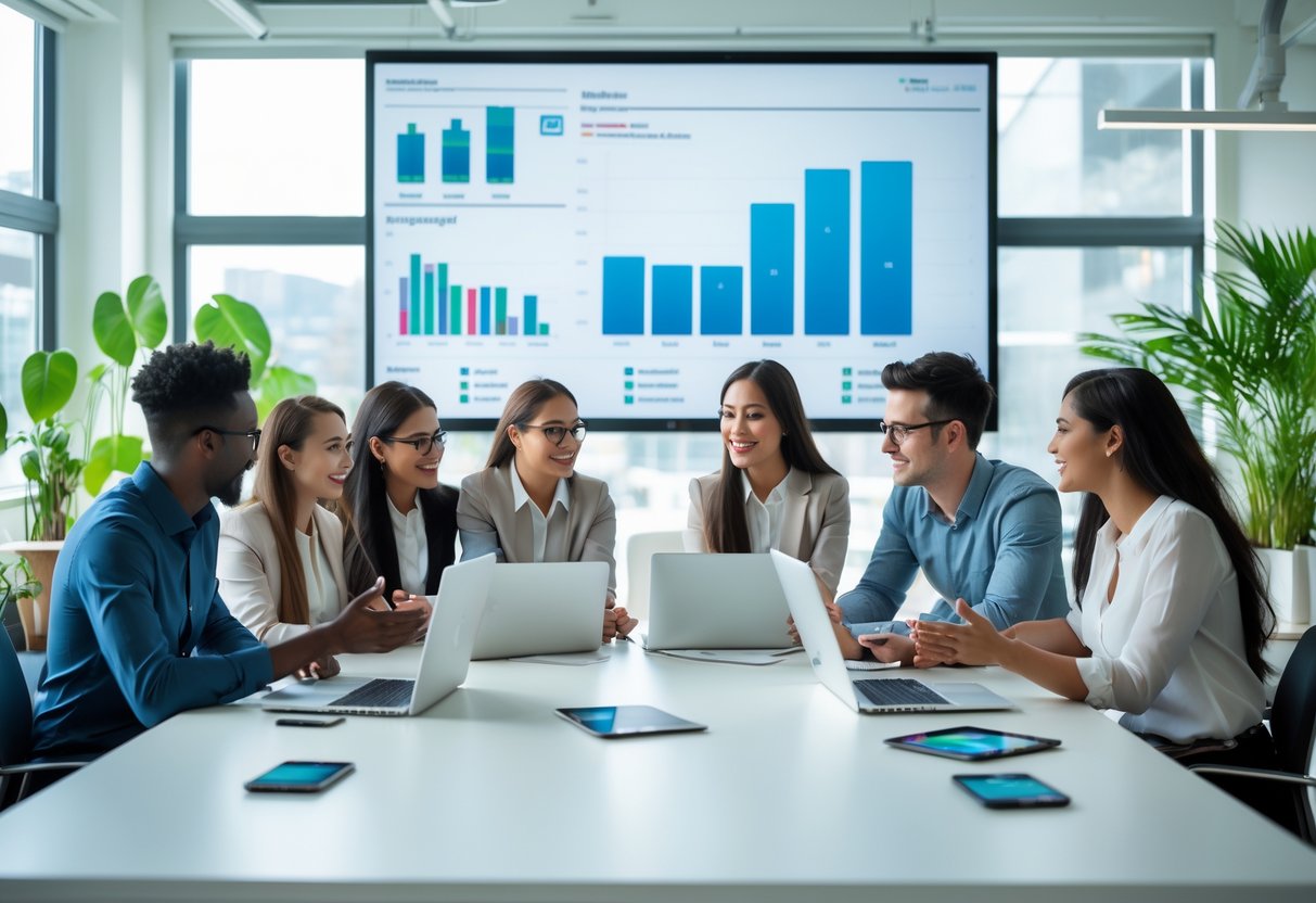 A group of young professionals collaborating around a table with laptops and digital devices in a modern office.