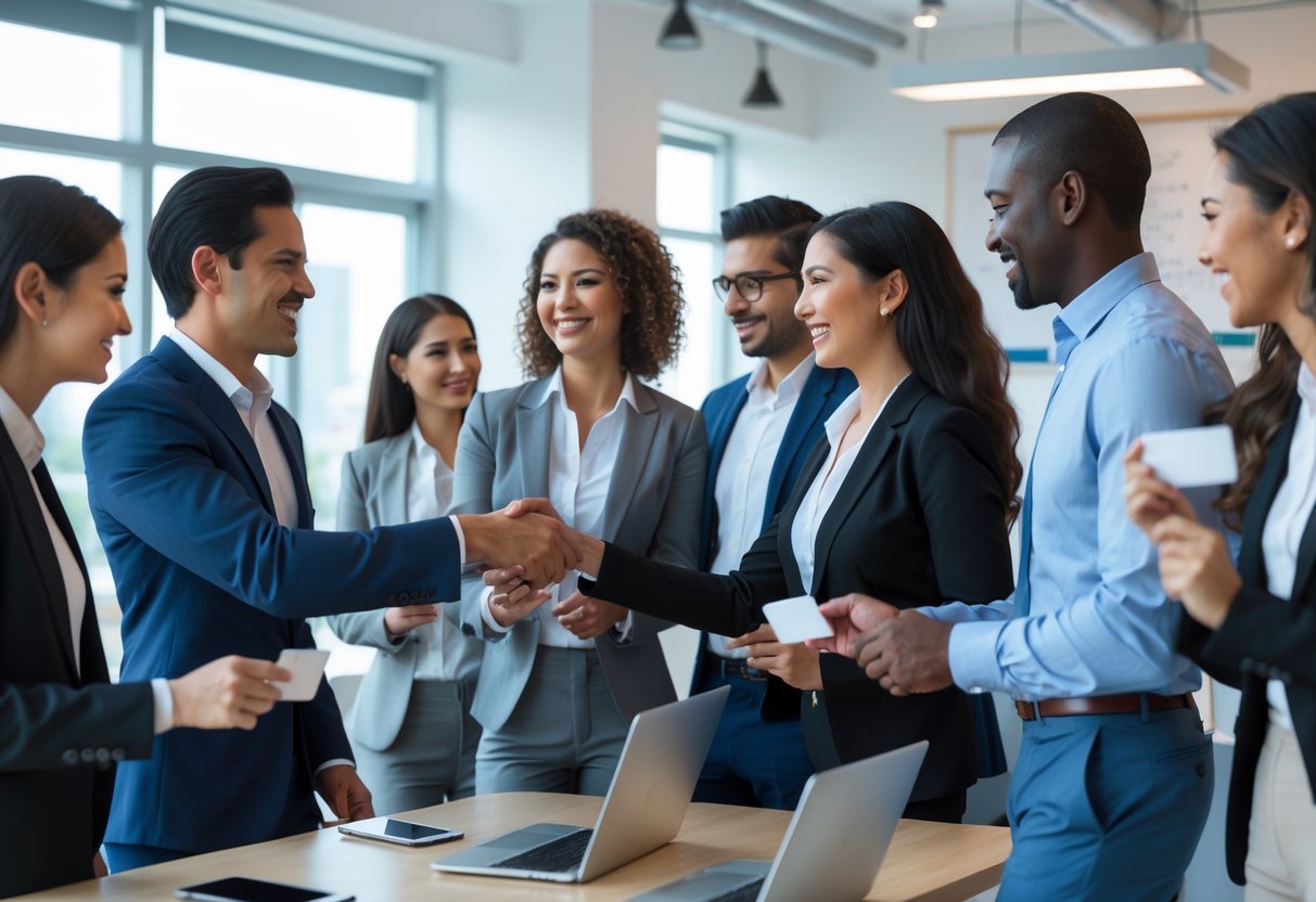 A diverse group of business professionals networking and talking in a modern office setting.