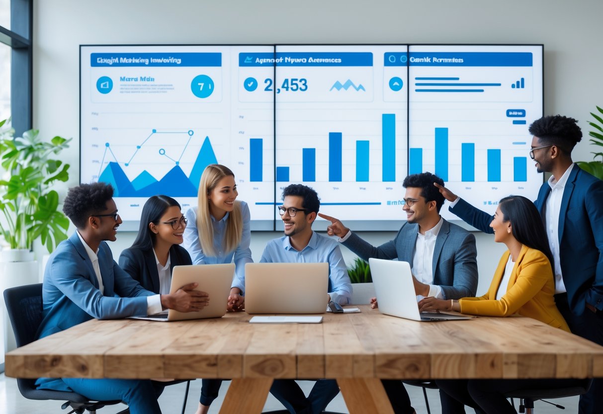 A group of professionals working together around a table with laptops and digital devices showing charts and graphs in a bright office.