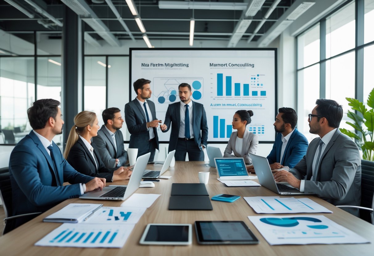 A group of business consultants having a meeting in a modern office, discussing market strategies with charts and laptops.
