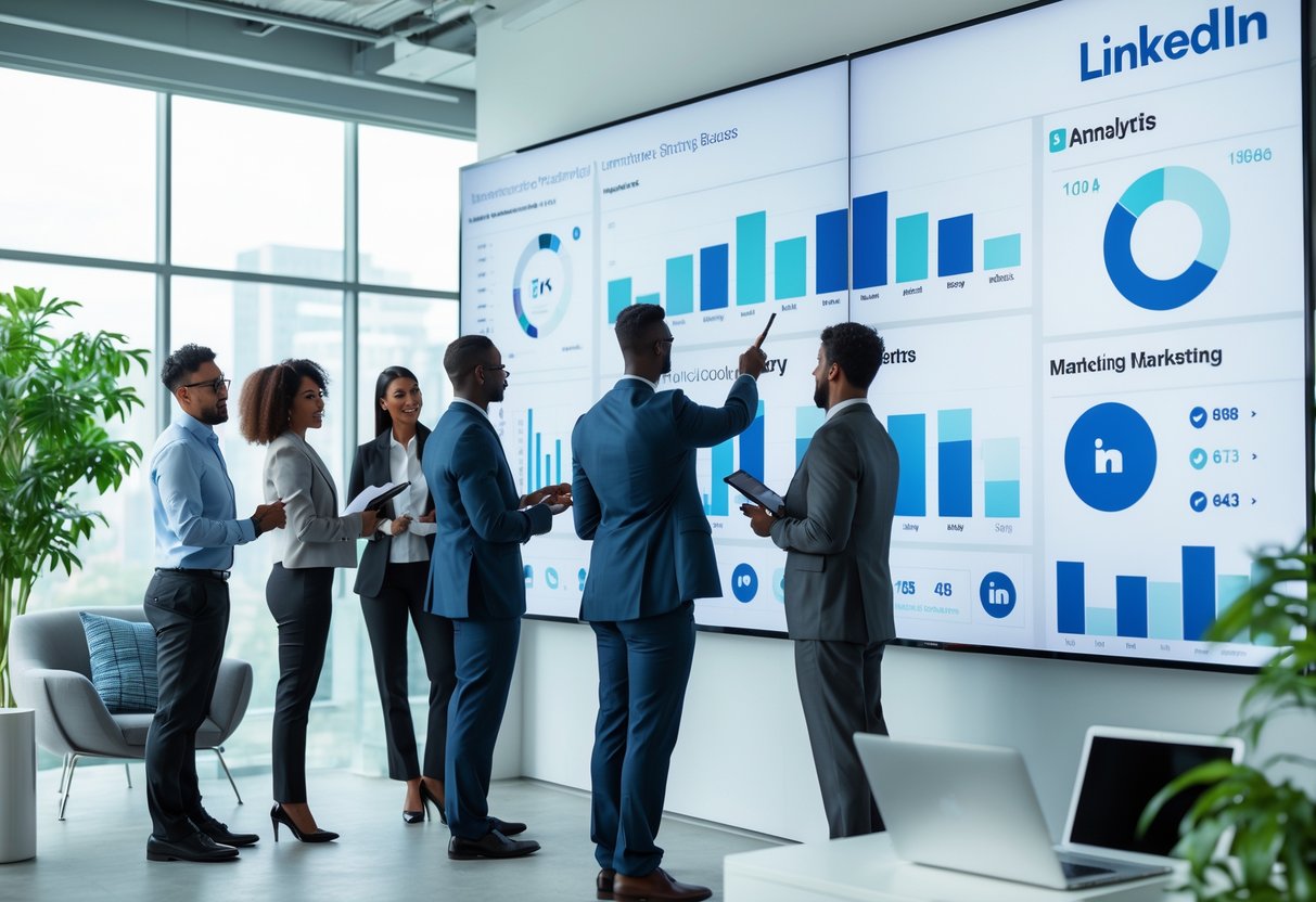 A group of business professionals collaborating around a digital screen showing charts and social media icons in a modern office.