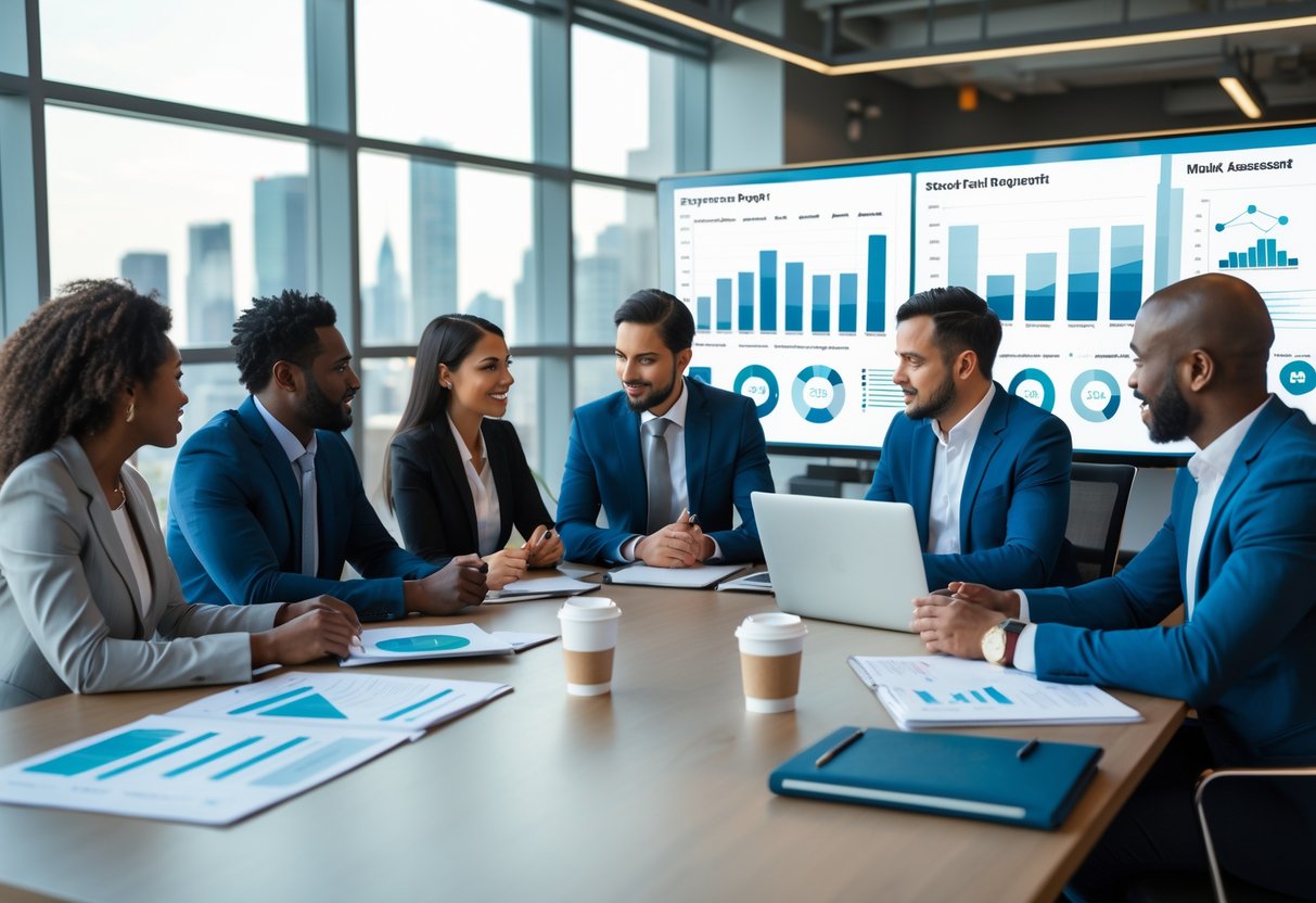 A diverse group of business professionals having a meeting around a conference table, discussing charts and reports in a modern office.