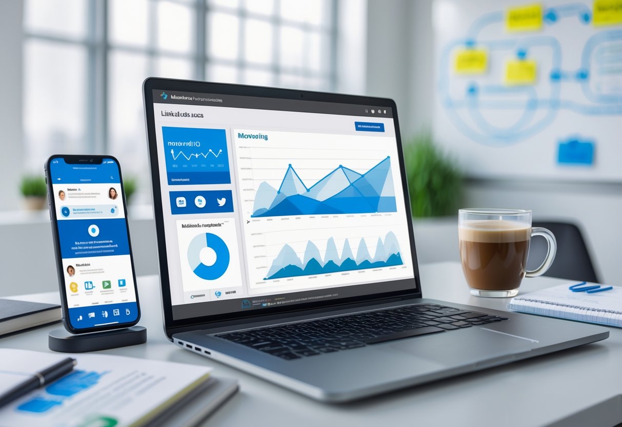 A workspace with a laptop showing marketing analytics, a smartphone displaying a LinkedIn profile, a notebook with notes, and a cup of coffee in a bright office.