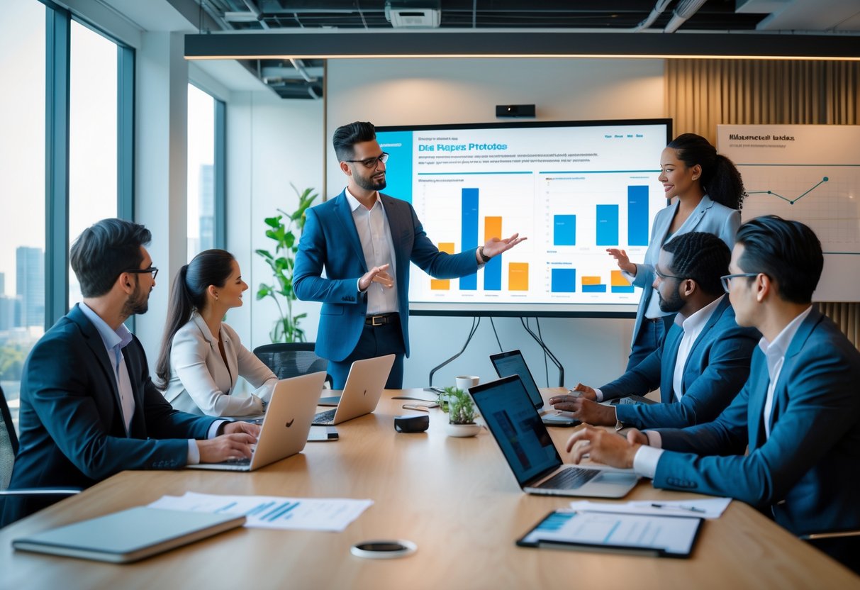A group of business professionals collaborating around a conference table with laptops and charts, discussing go-to-market strategies in an office.