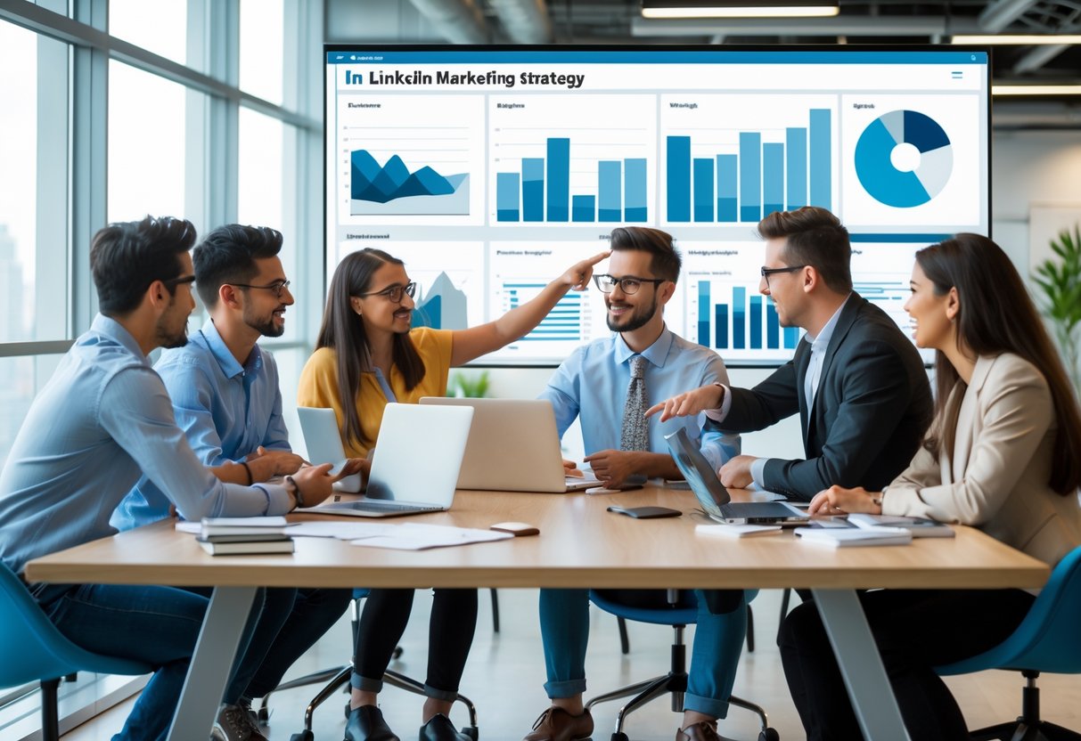 A group of professionals collaborating around a table with laptops and a large screen displaying charts in a bright office.