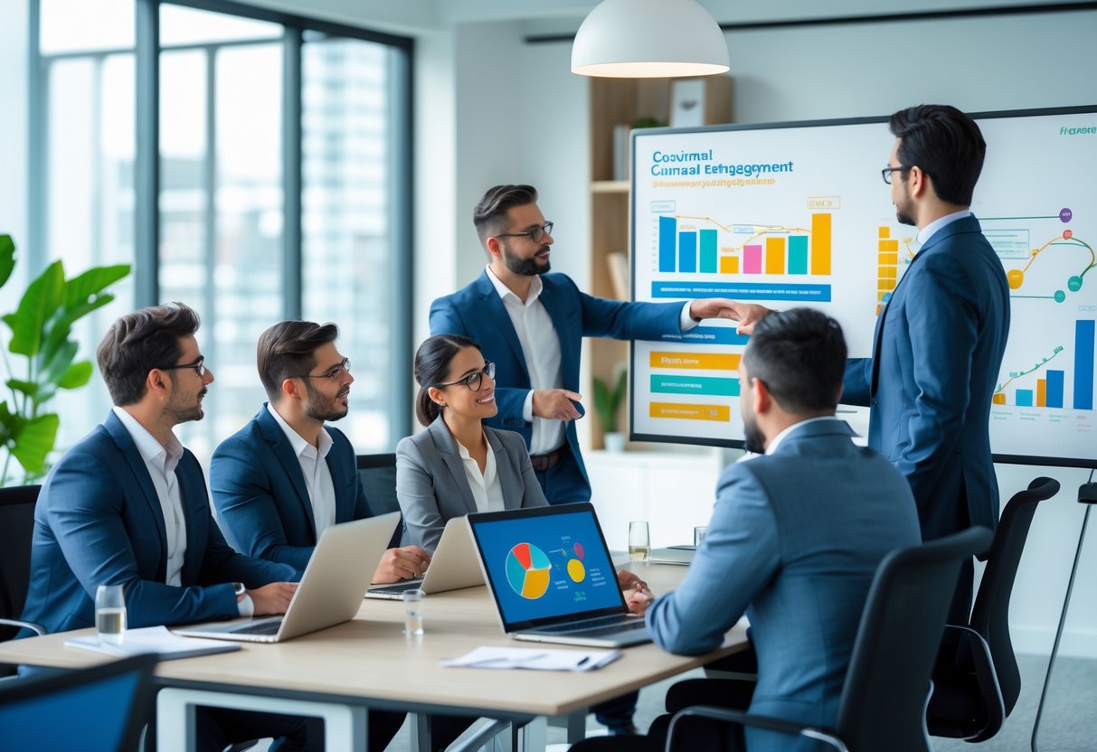 A group of business professionals having a meeting around a conference table, discussing strategy with charts and digital devices in a modern office.