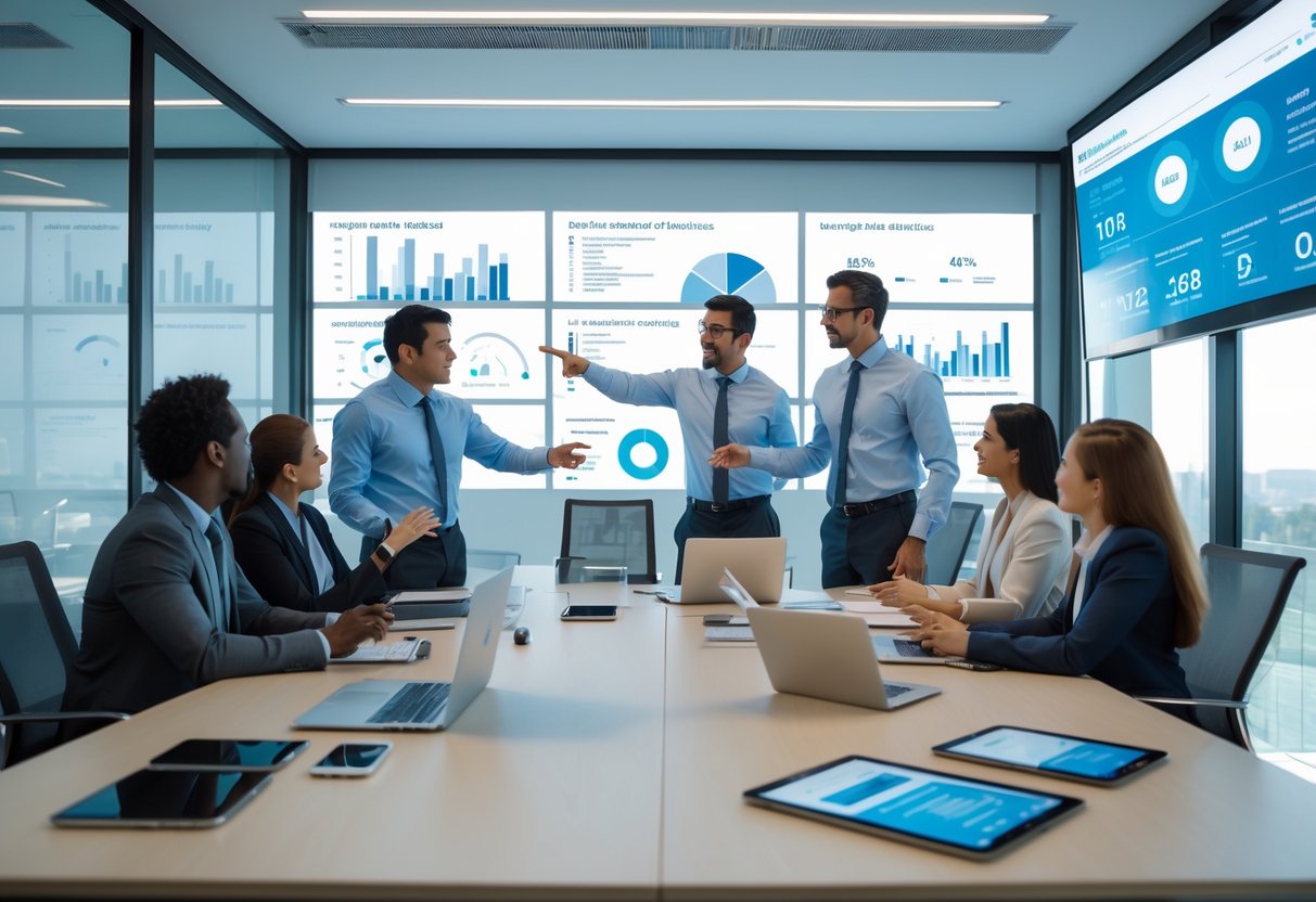 A group of business professionals in a meeting room reviewing data charts on a digital screen and discussing strategies.
