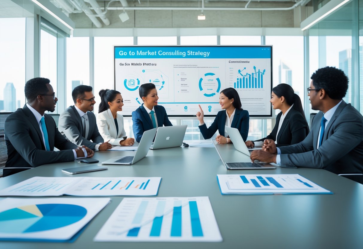 A group of business professionals collaborating around a conference table with laptops and charts in a bright office.
