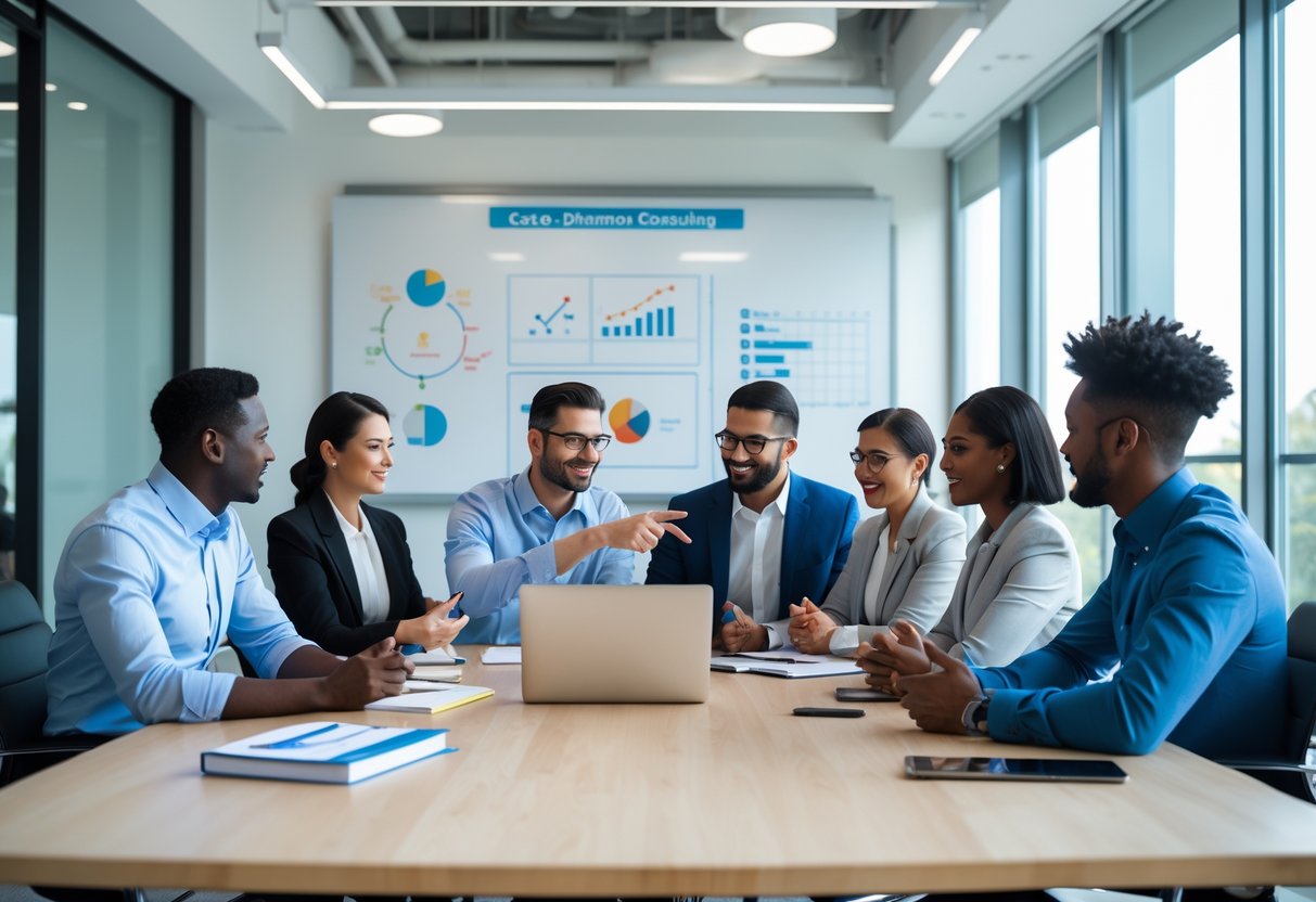 A group of business professionals having a meeting around a table with a laptop and notebooks in a bright office.