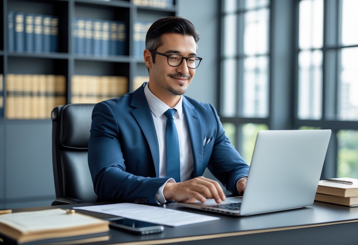 A lawyer in business attire working on a laptop at a modern office desk surrounded by legal books and documents.