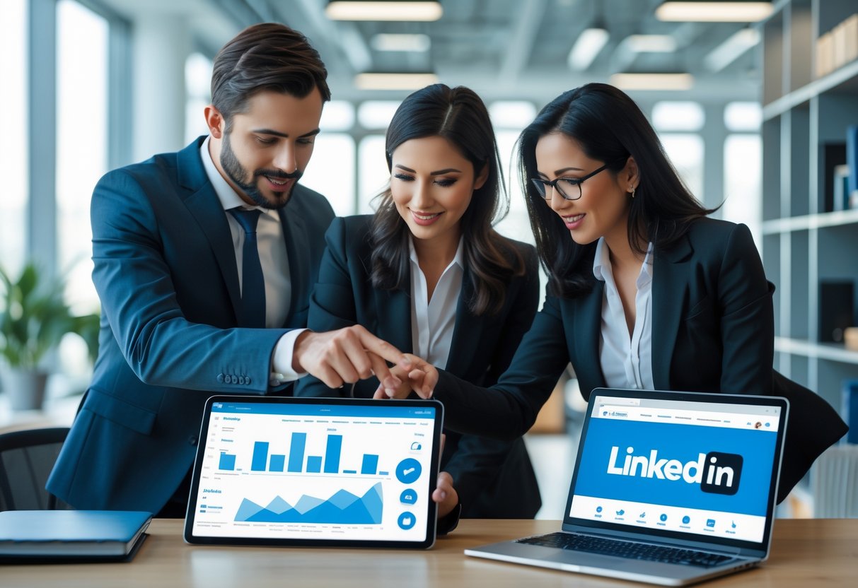 A group of lawyers working together in an office, reviewing digital devices and discussing a marketing strategy.