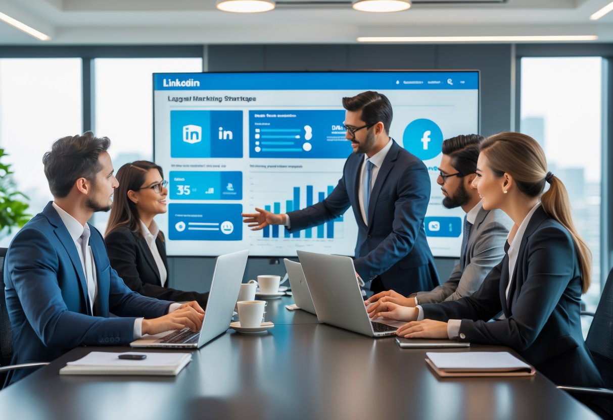 A group of lawyers collaborating in a conference room, reviewing digital content on a large screen.