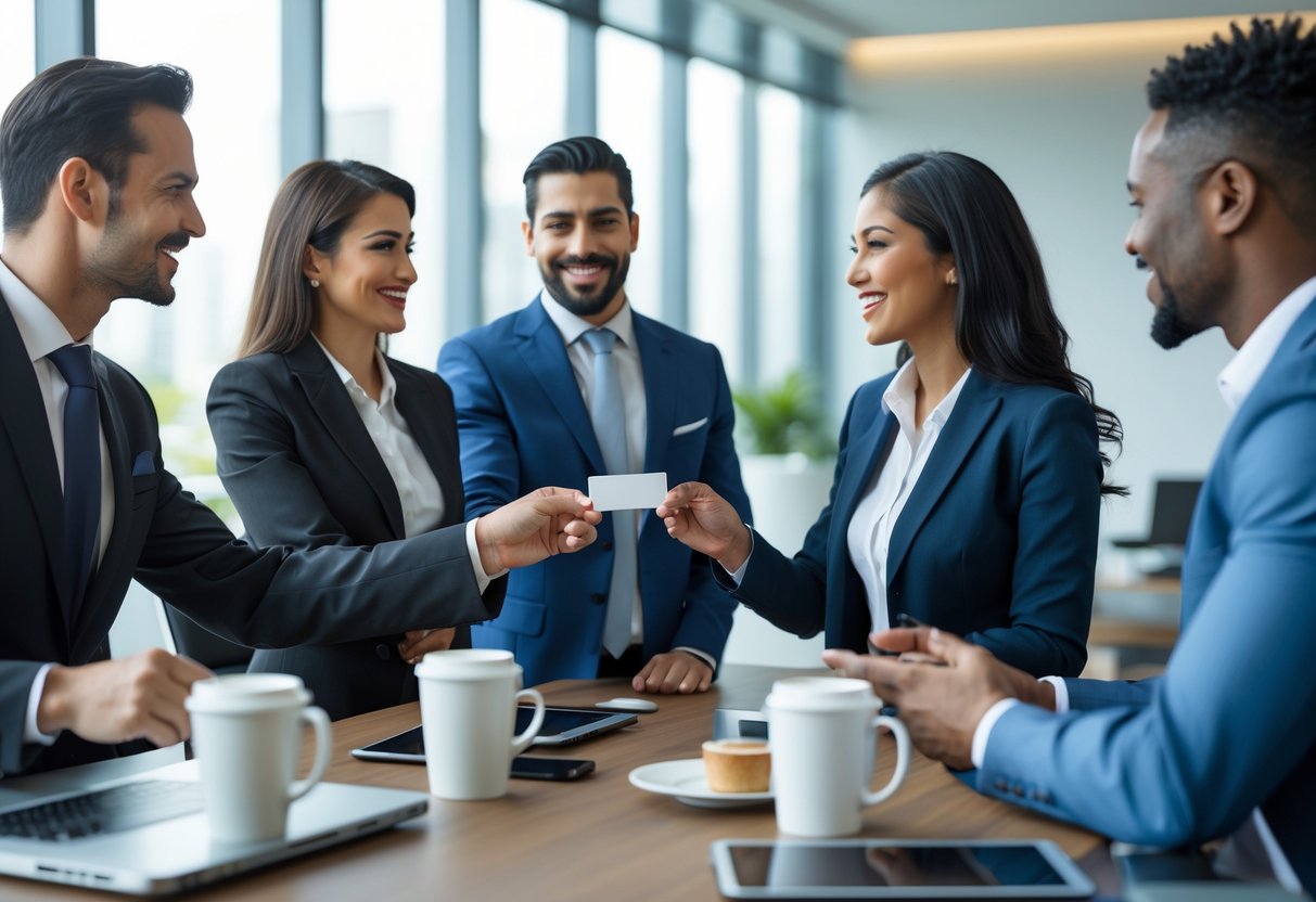 A group of lawyers in business attire networking and talking in a modern office conference room.