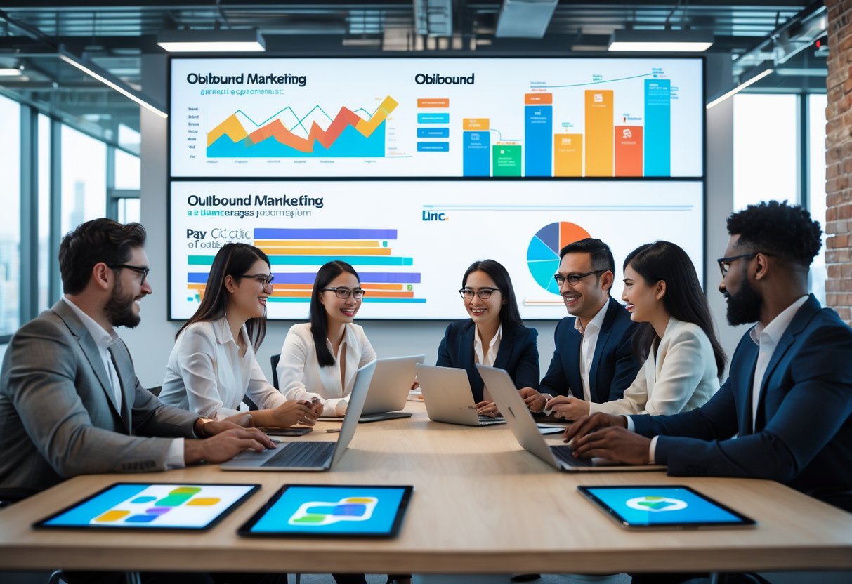 A team of marketing professionals collaborating around a table with laptops and devices, discussing outbound digital marketing strategies with charts and graphs displayed on a screen.