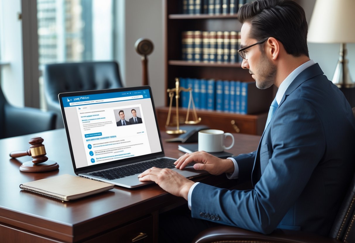 A lawyer in business attire working on a laptop in an office with legal books and a gavel nearby.