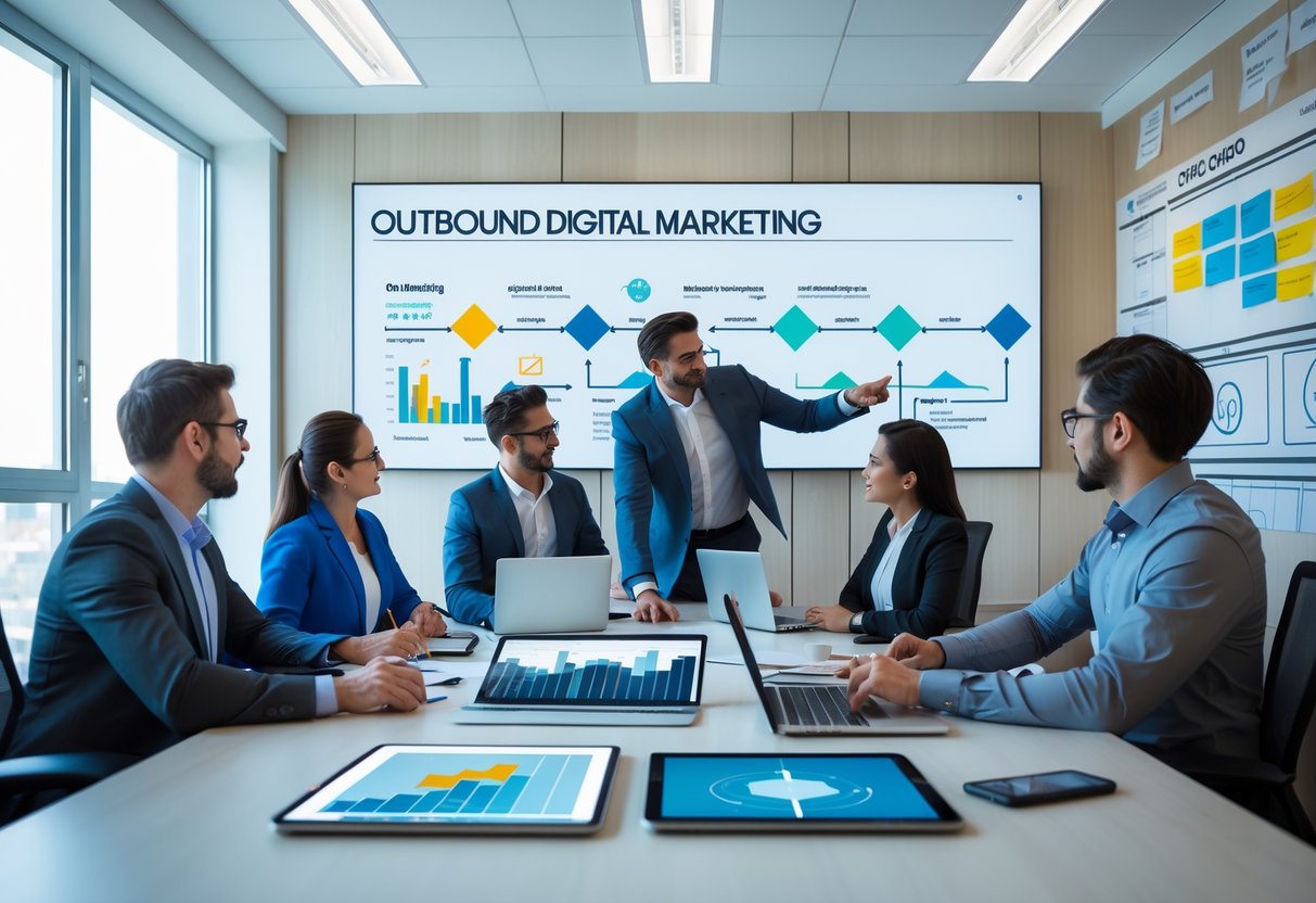 A group of marketing professionals collaborating around a conference table with digital devices and a large screen displaying marketing strategy visuals.