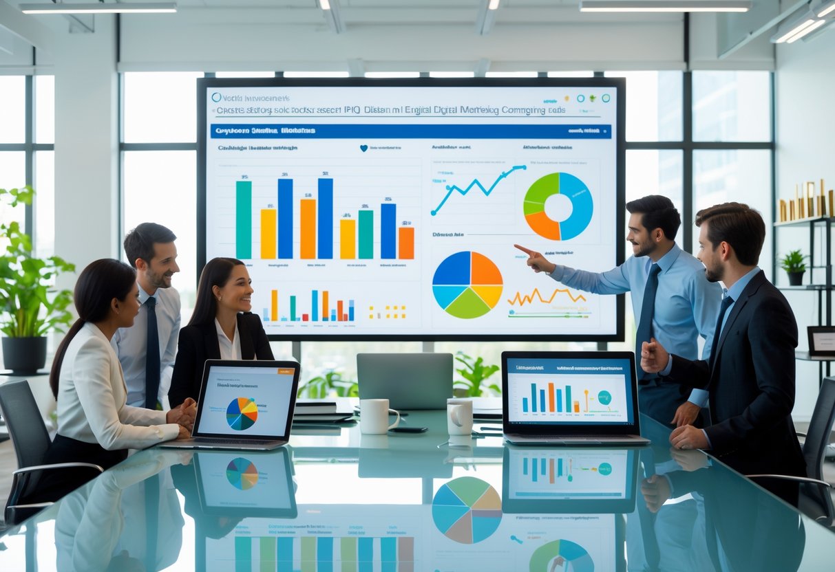 Business professionals collaborating around a table with digital devices displaying marketing data and charts in a bright office.