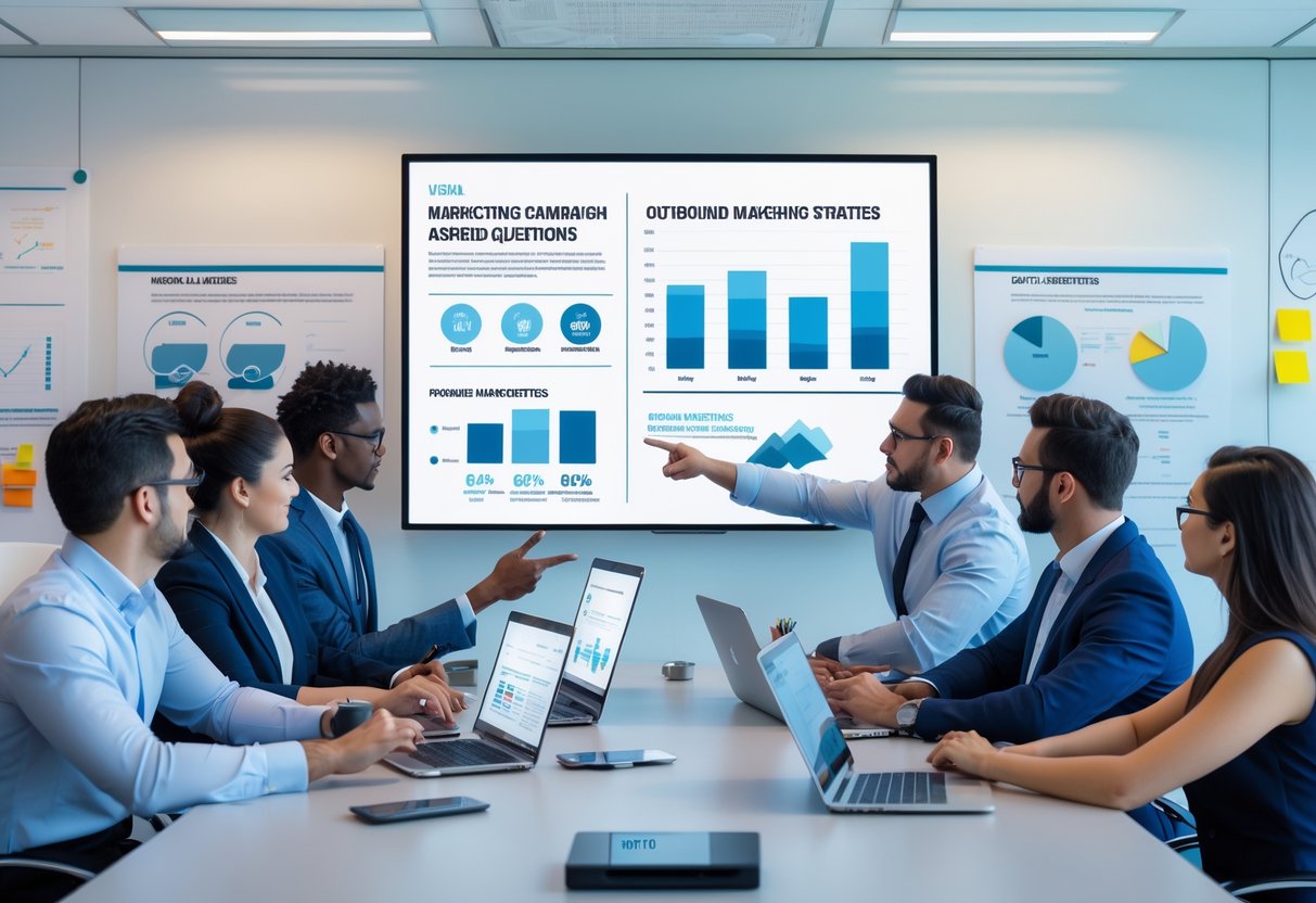 A group of business professionals collaborating around a table with digital devices and a large screen showing marketing data in a modern office.