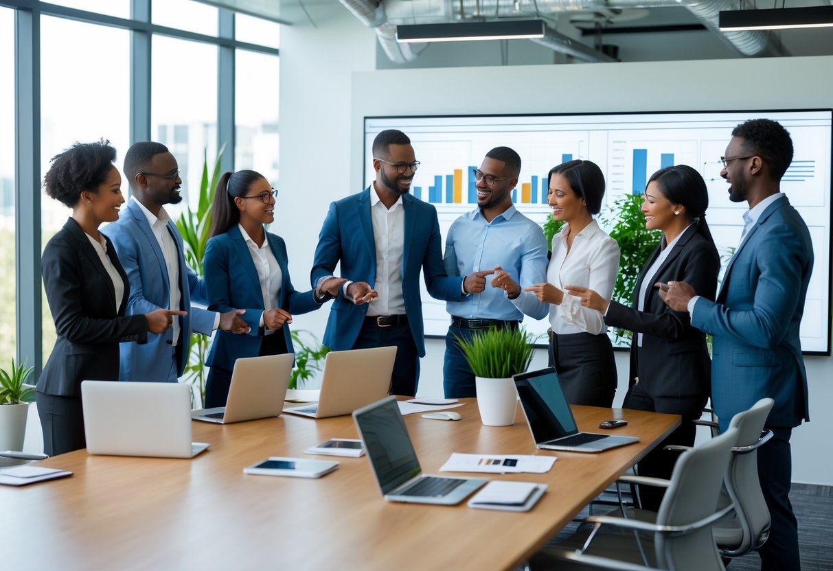 A diverse group of business professionals collaborating around a conference table with laptops and charts in a modern office.