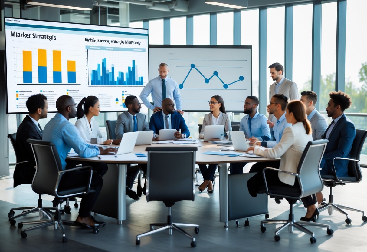A diverse group of business professionals collaborating around a conference table with laptops and charts in a modern office.