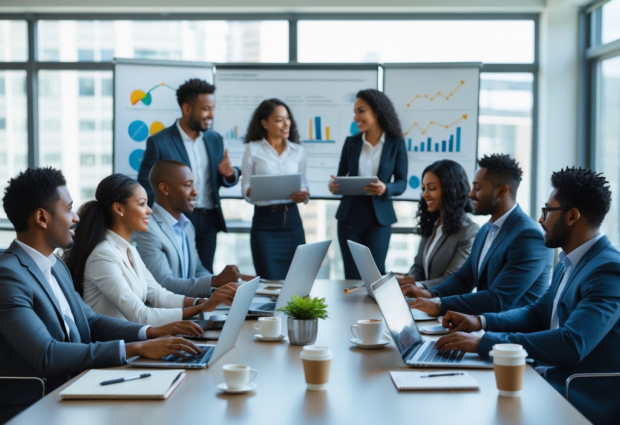 A diverse group of business professionals collaborating around a conference table with laptops and digital whiteboards in a modern office.