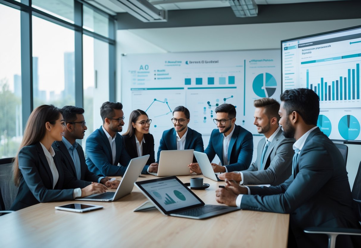 A diverse group of business professionals collaborating around a conference table with laptops and charts in a modern office.