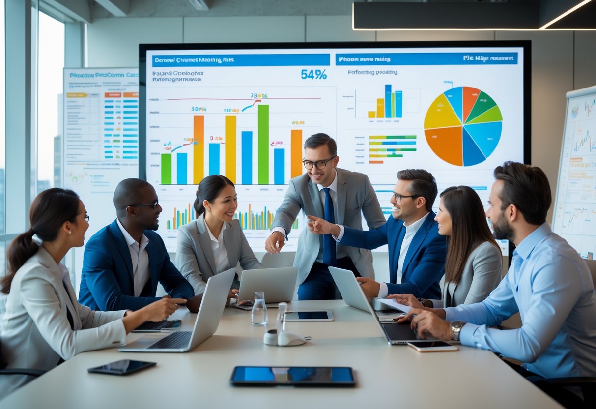 A group of professionals in a conference room discussing charts and data on a large screen during a meeting.