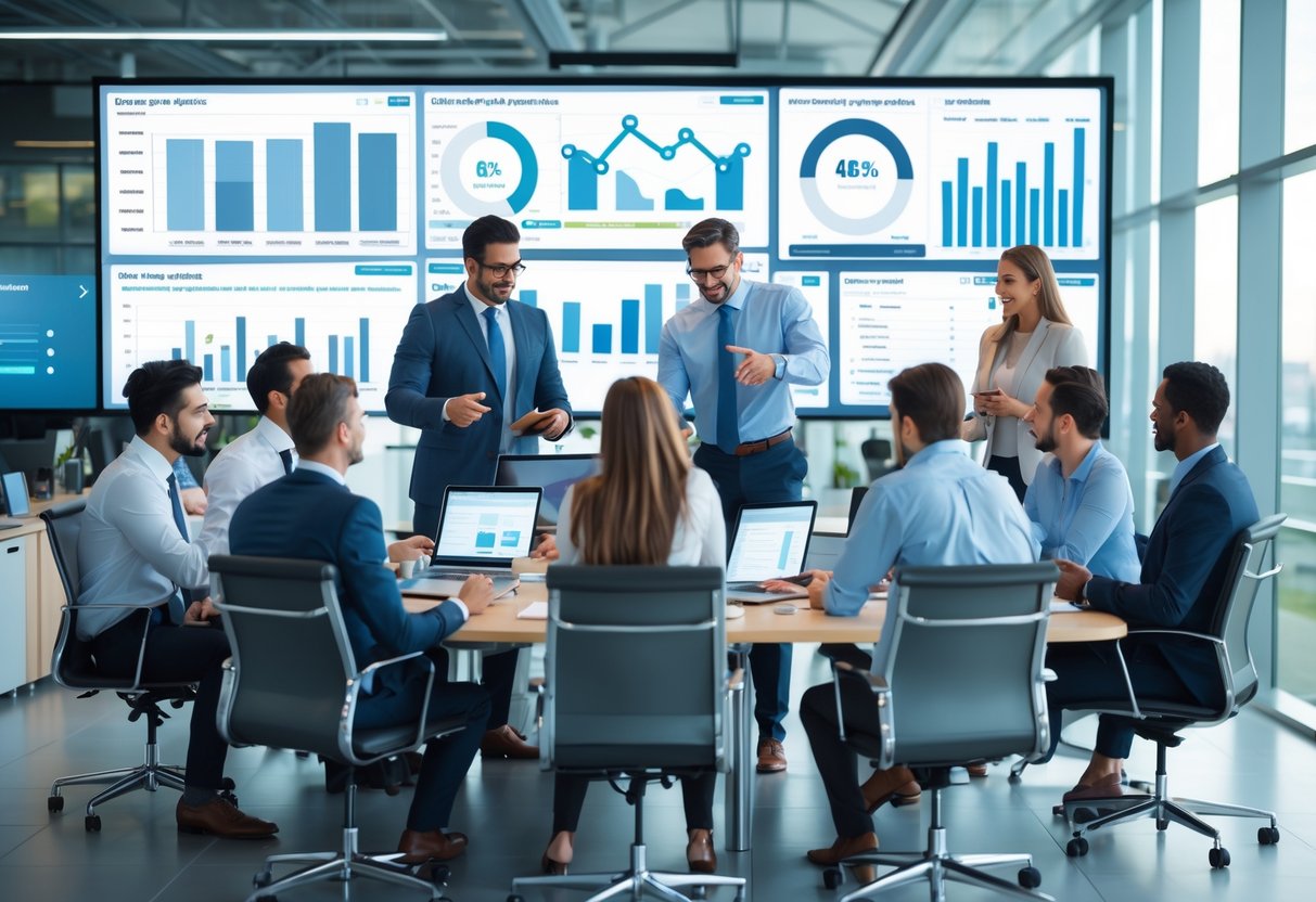 A diverse team of business professionals collaborating around a conference table with laptops and charts in a modern office.