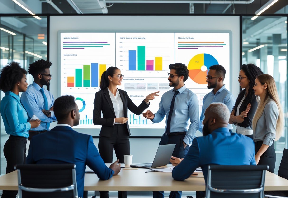 A diverse group of business professionals collaborating around a digital screen in a modern office.