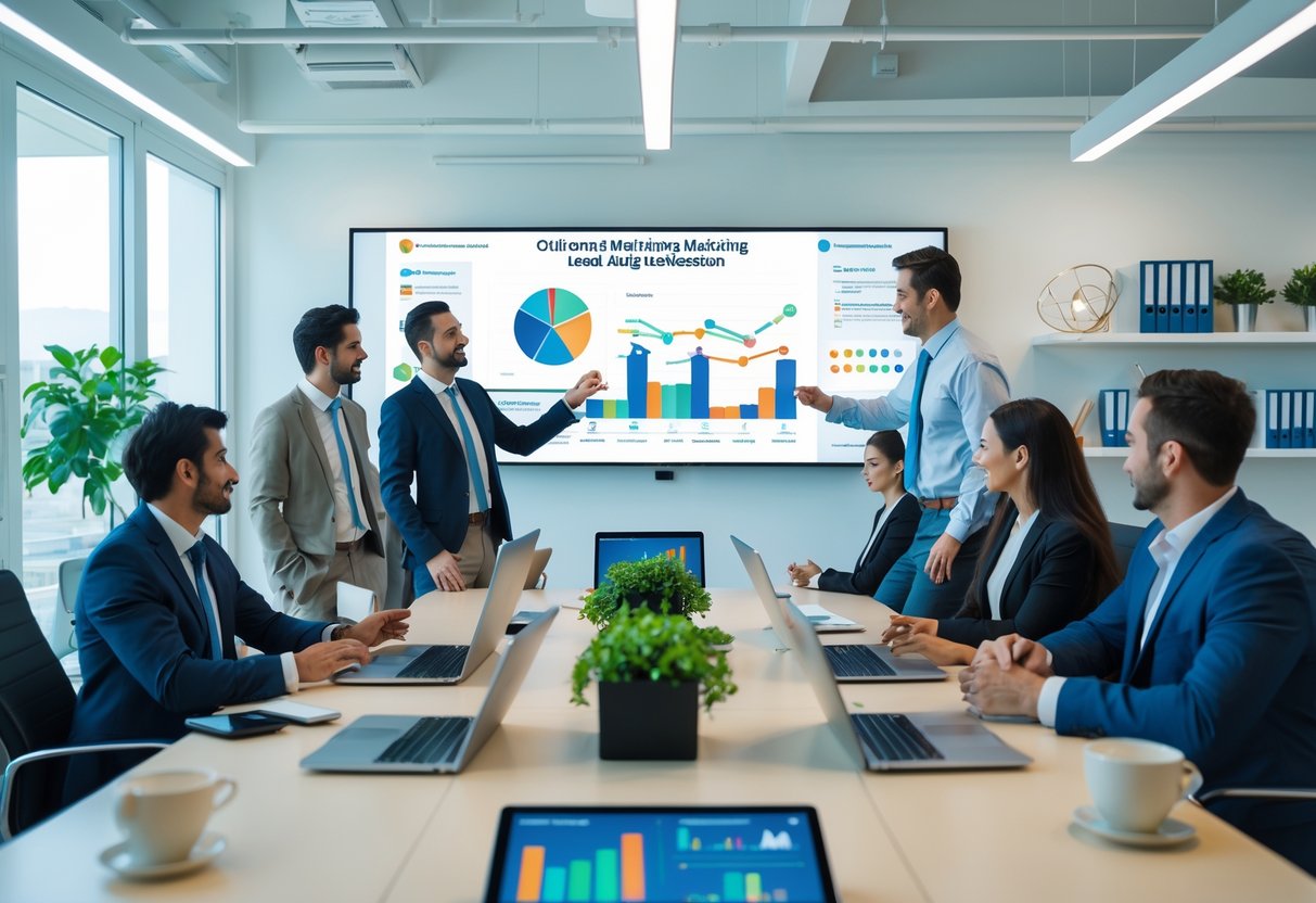 A group of business professionals working together in an office around a table with laptops and a large screen showing marketing data.