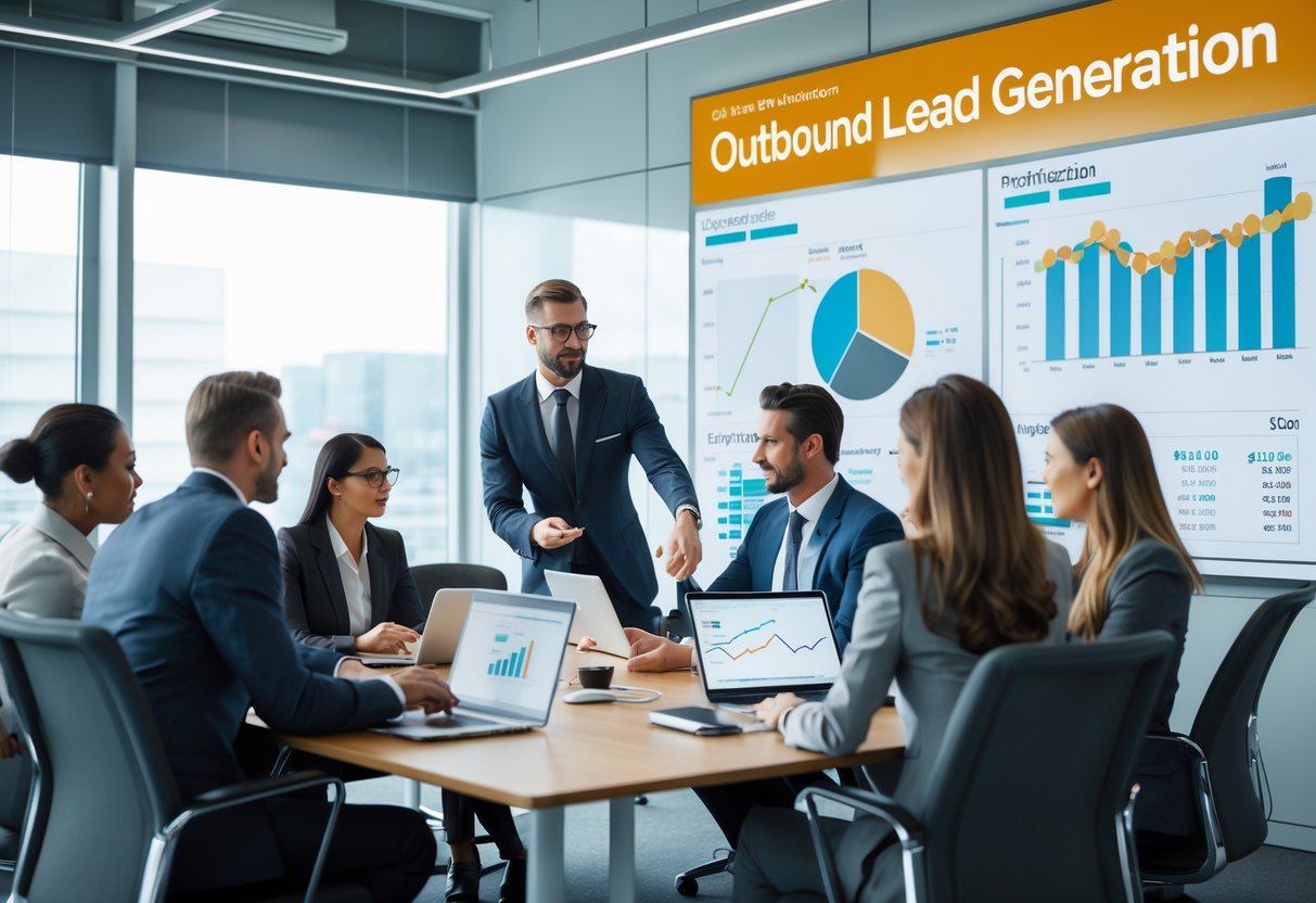 A group of business professionals collaborating around a conference table with laptops and charts in a modern office.