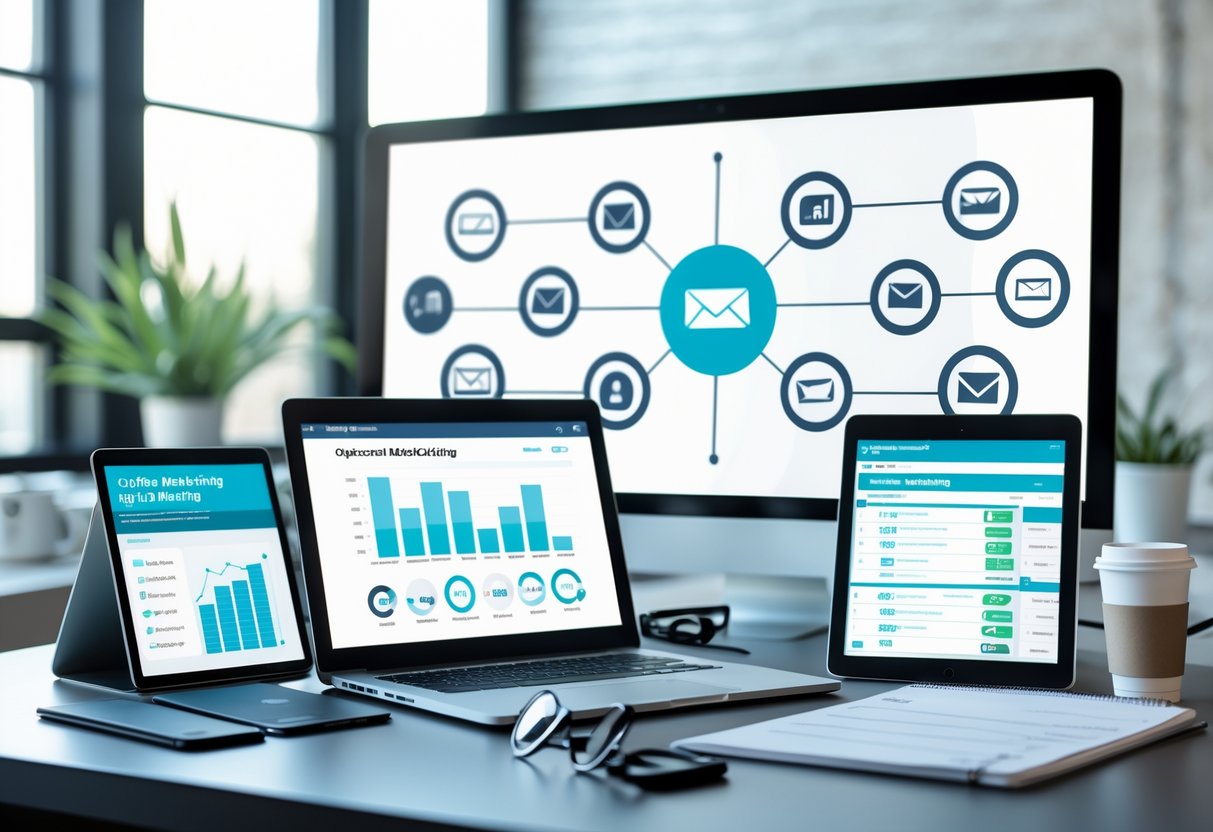 A modern workspace with digital devices and marketing tools showing analytics and outbound marketing channels on screens.