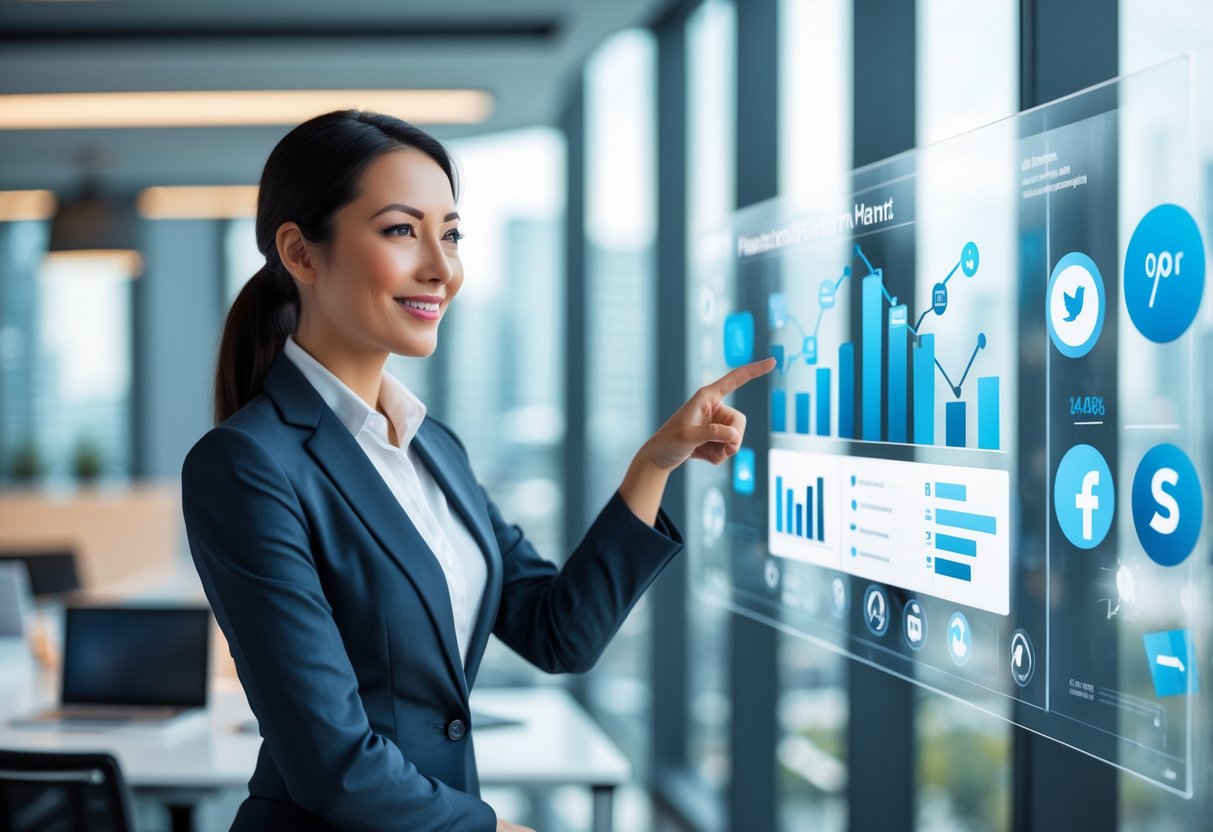 A confident businesswoman in a modern office interacting with digital marketing data on a transparent screen.
