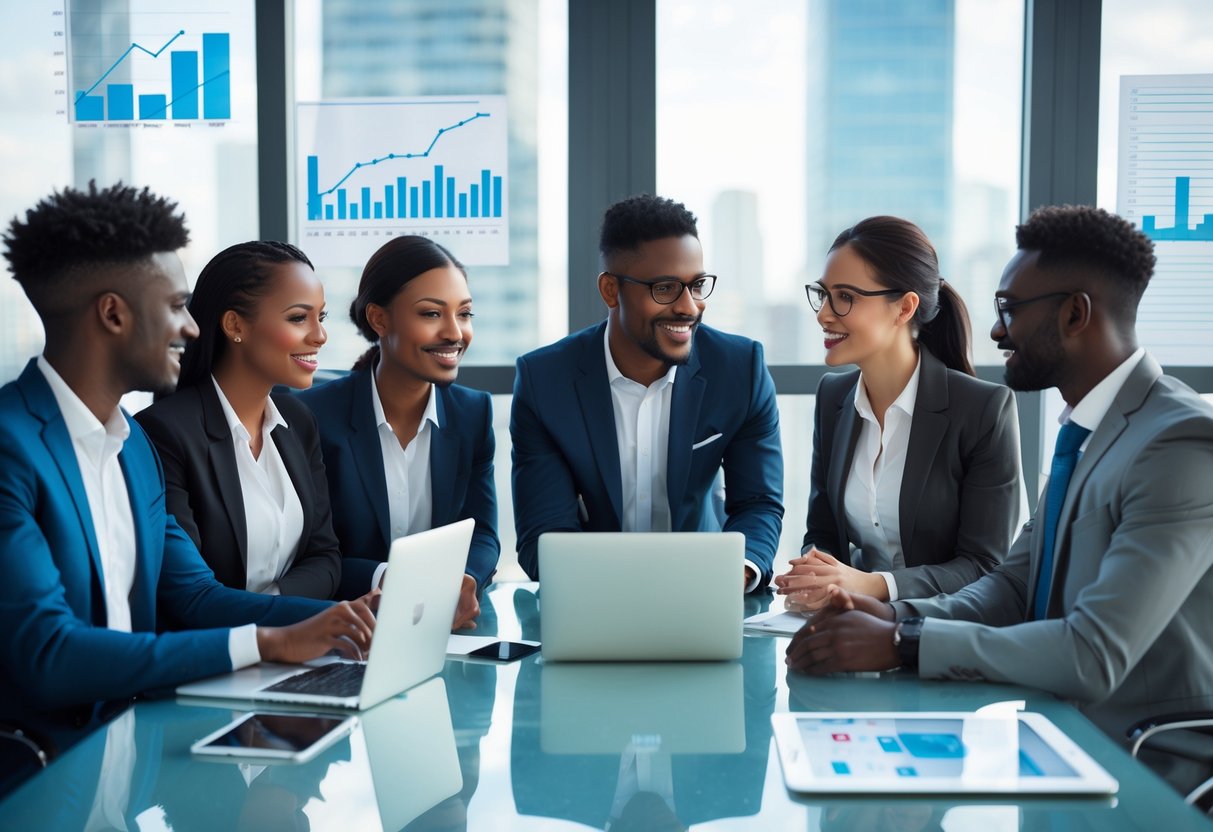 A diverse group of business professionals collaborating around a conference table with laptops and digital devices in a modern office.