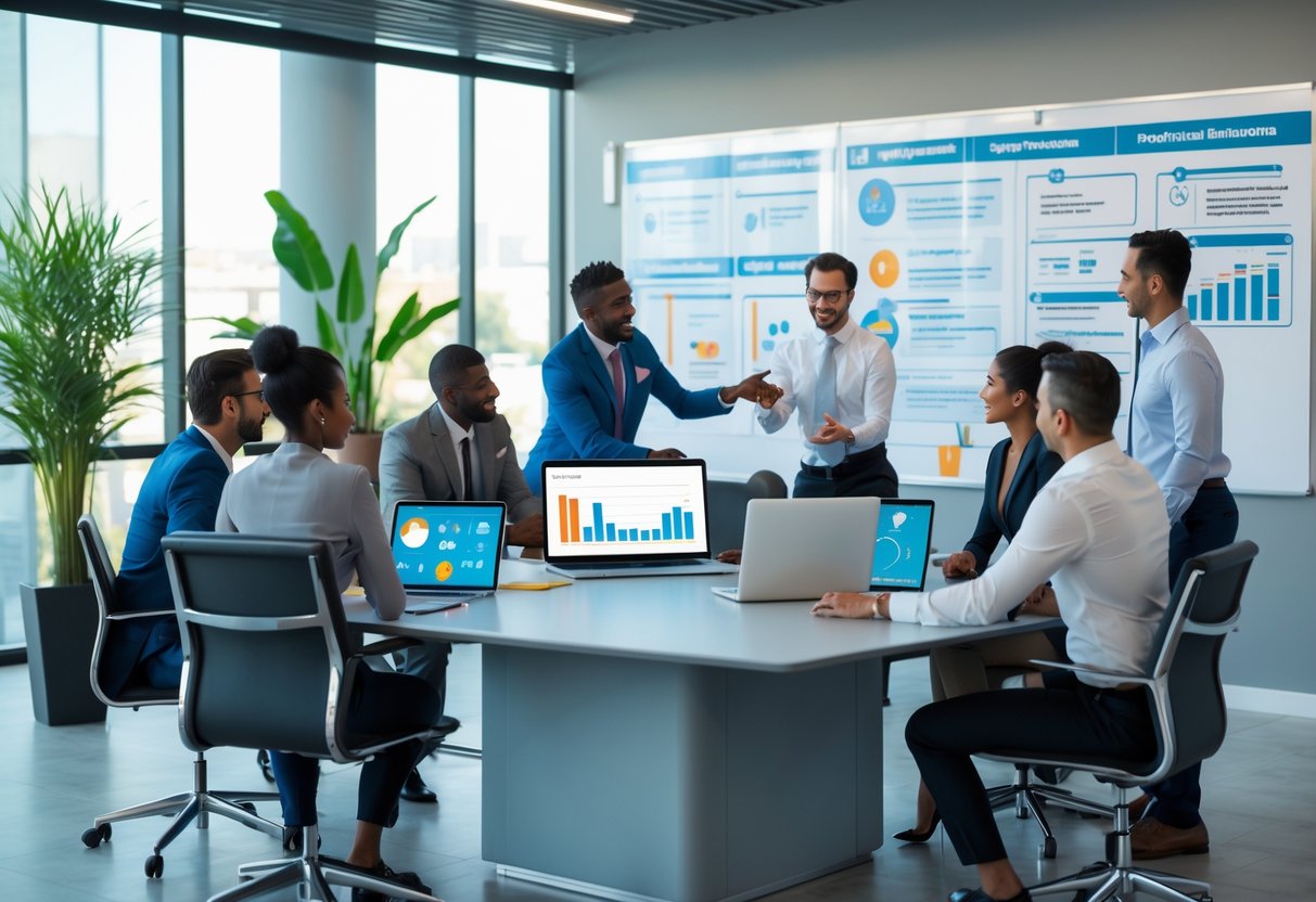 Business professionals collaborating around a table with digital devices displaying marketing data and charts in a bright office.