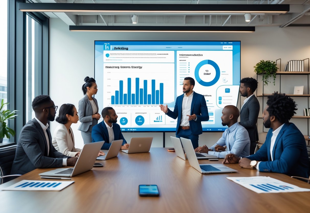 A group of professionals collaborating around a table with laptops and charts in a bright conference room.